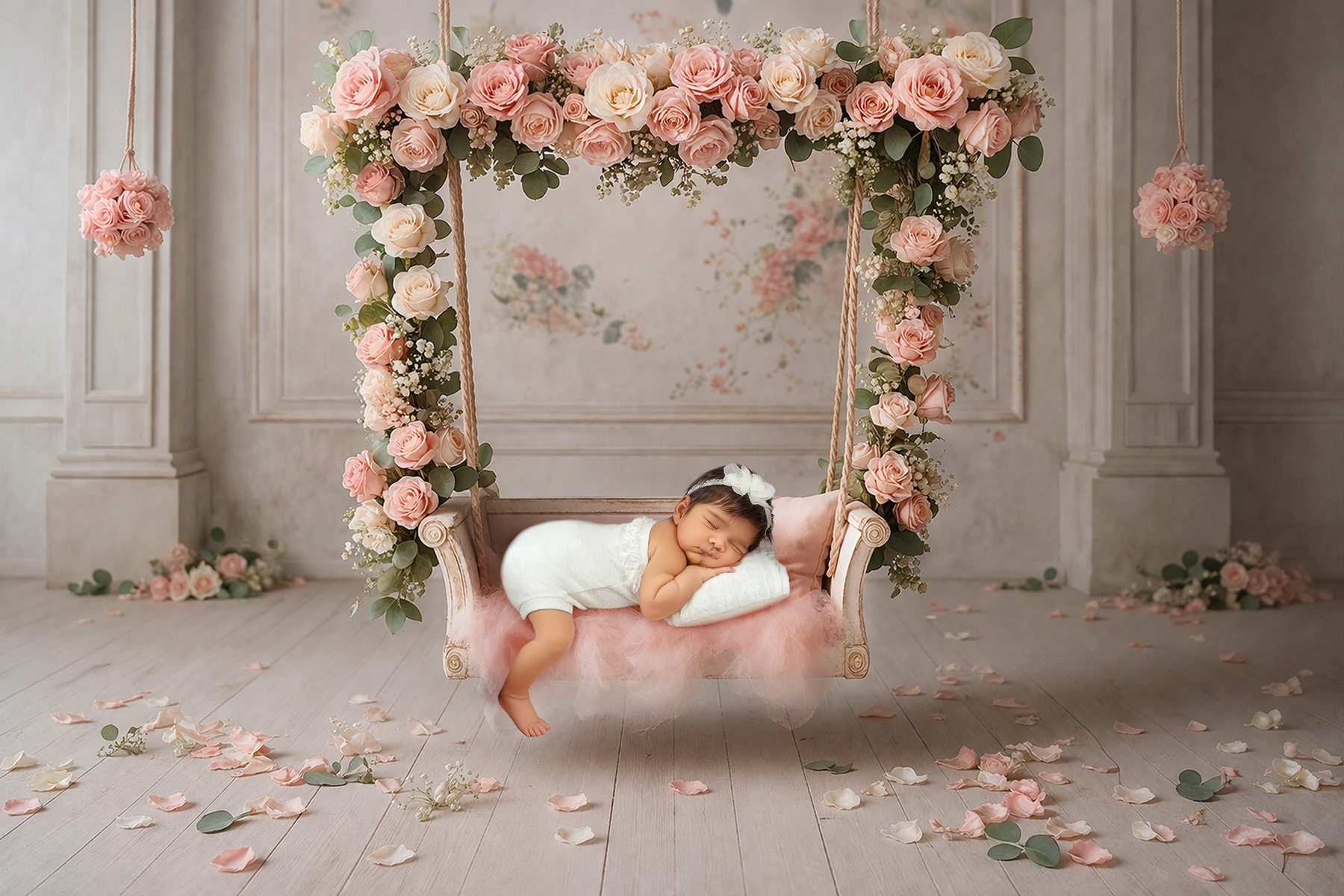 Newborn baby asleep in a pink floral swing prop, shot by Tender Beginning