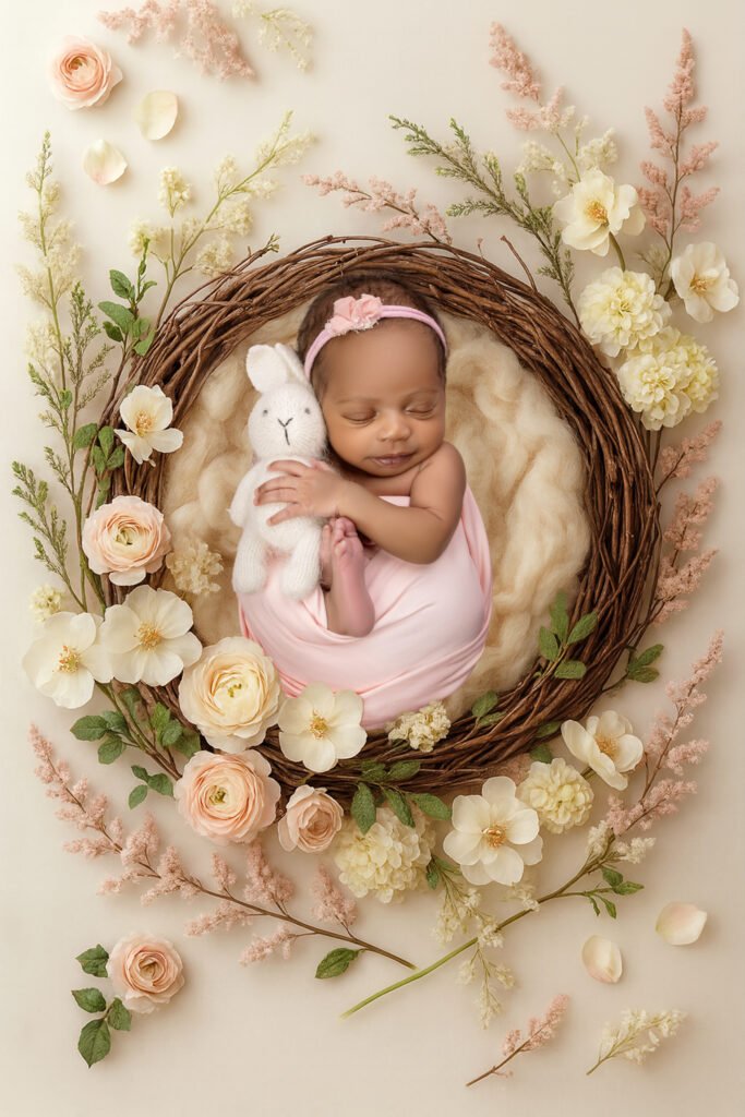 Newborn baby in a floral wreath prop, rustic styling, shot by Tender Beginning