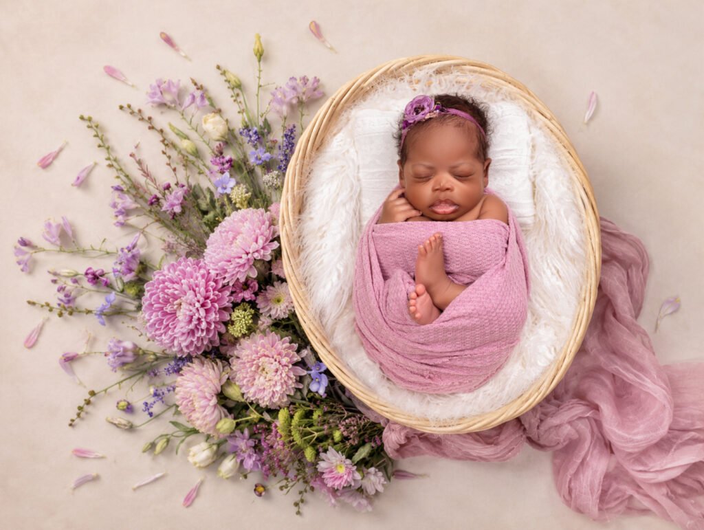 Sleeping newborn baby girl in a mauve wrap, posed in a basket with luxury floral styling provided by Tender Beginnings Photo studio, illustrating their all-inclusive prop collection.
