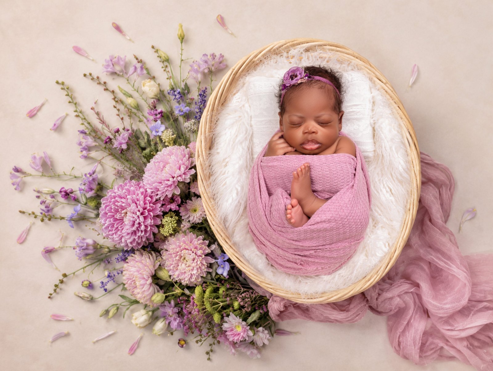 Sleeping newborn baby girl in a mauve wrap, posed in a basket with luxury floral styling provided by Tender Beginnings Photo studio, illustrating their all-inclusive prop collection.